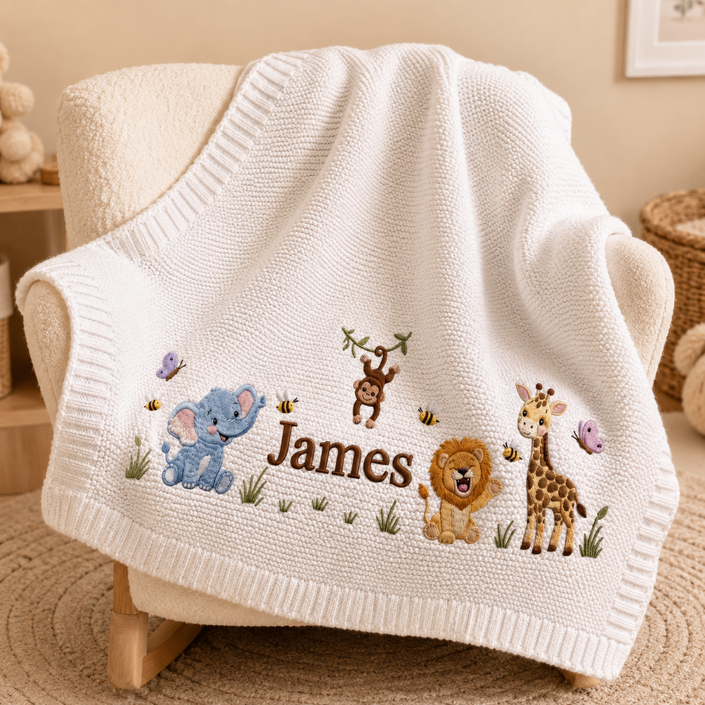 Custom Safari Embroidered Baby Blanket, Personalized Name Jungle Animal Blanket, Gift For Newborn, Nursery Keepsake Gift