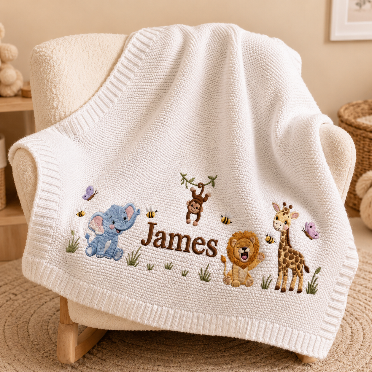 Custom Safari Embroidered Baby Blanket, Personalized Name Jungle Animal Blanket, Gift For Newborn, Nursery Keepsake Gift