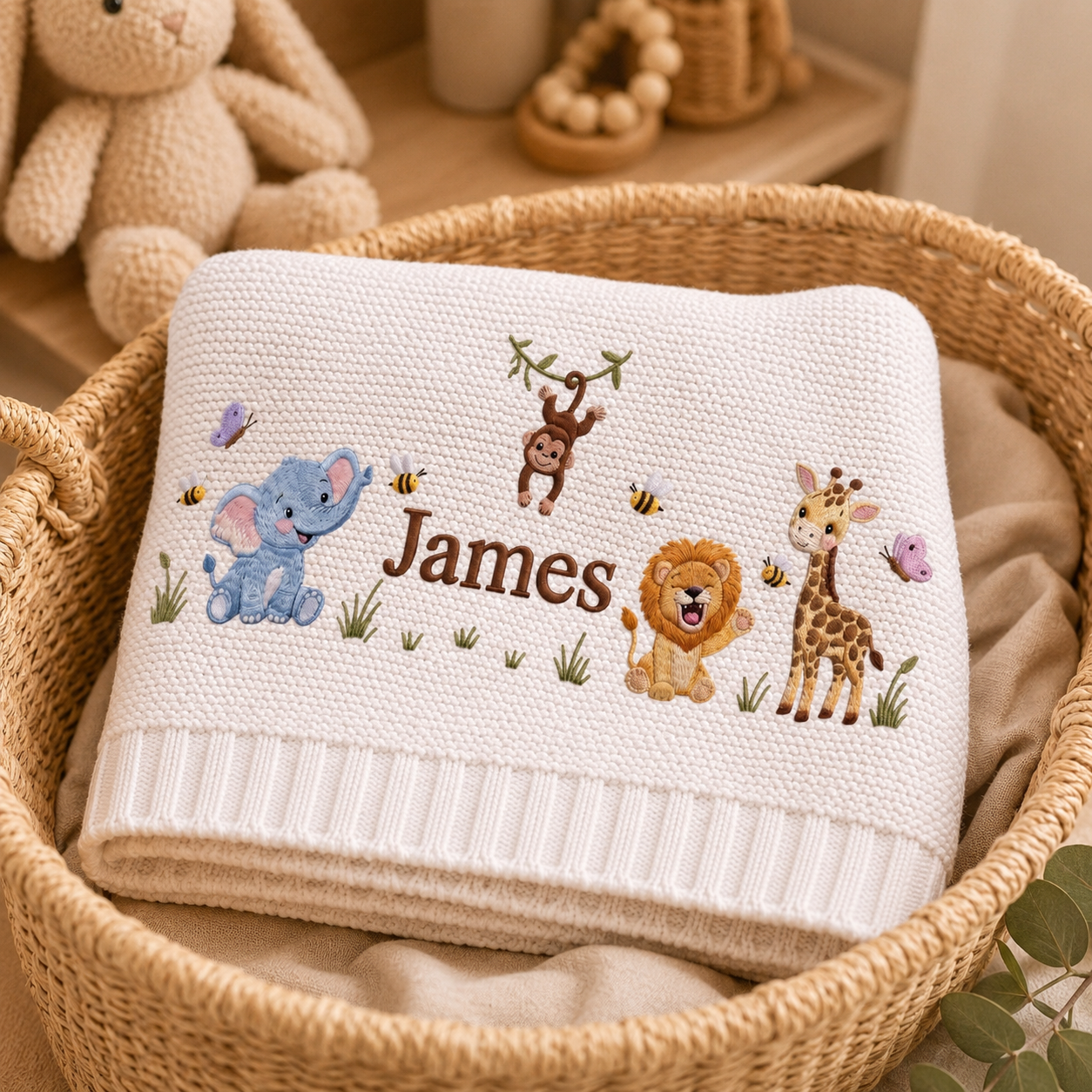Custom Safari Embroidered Baby Blanket, Personalized Name Jungle Animal Blanket, Gift For Newborn, Nursery Keepsake Gift