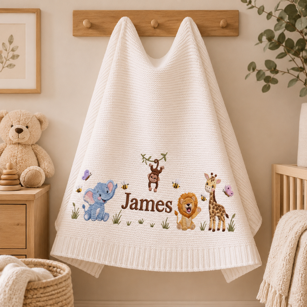 Custom Safari Embroidered Baby Blanket, Personalized Name Jungle Animal Blanket, Gift For Newborn, Nursery Keepsake Gift