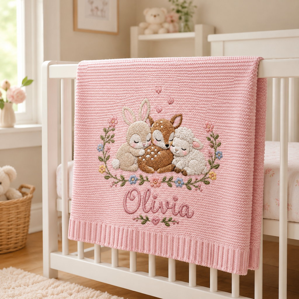 Personalized Baby Blanket With Name, Pink Knit Embroidered Woodland Animals Nursery Gift for Newborn Girl, Custom Olivia Baby Shower Keepsake