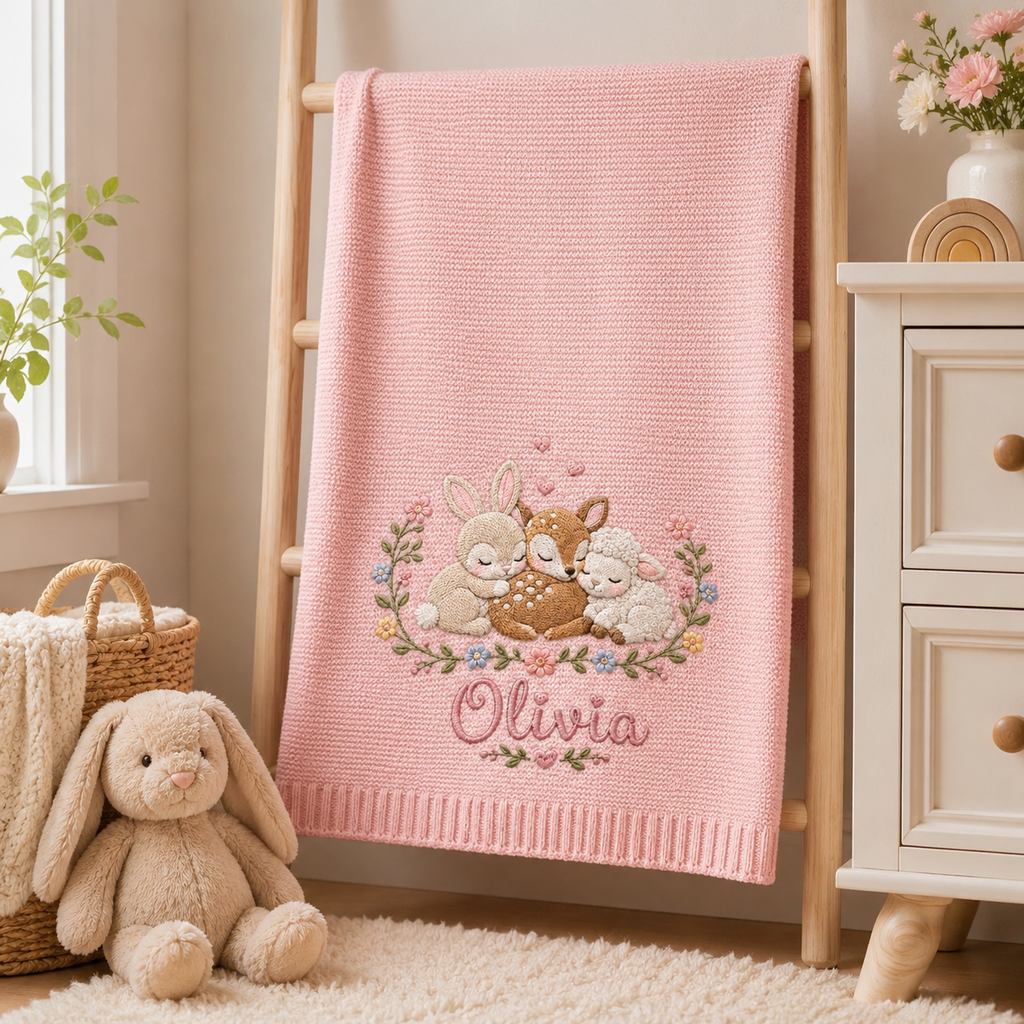 Personalized Baby Blanket With Name, Pink Knit Embroidered Woodland Animals Nursery Gift for Newborn Girl, Custom Olivia Baby Shower Keepsake