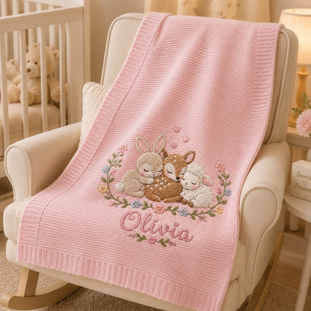 Personalized Baby Blanket With Name, Pink Knit Embroidered Woodland Animals Nursery Gift for Newborn Girl, Custom Olivia Baby Shower Keepsake