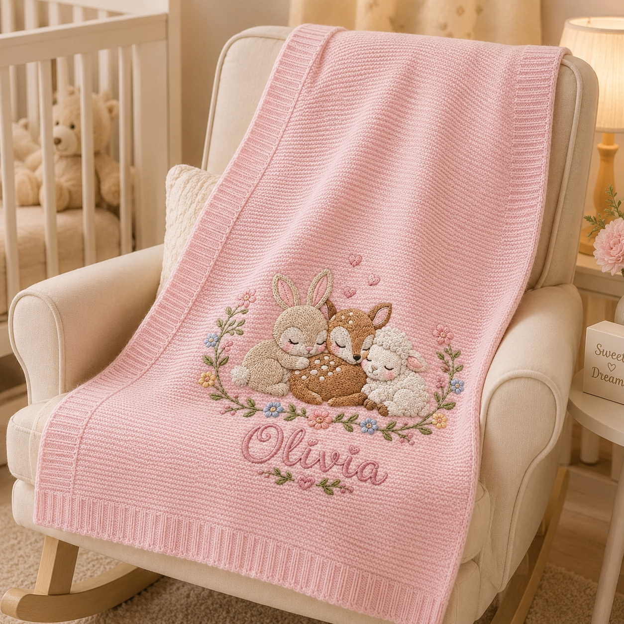 Personalized Baby Blanket With Name, Pink Knit Embroidered Woodland Animals Nursery Gift for Newborn Girl, Custom Olivia Baby Shower Keepsake