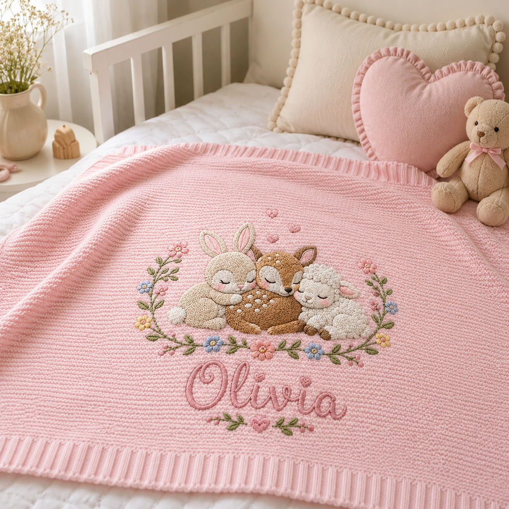Personalized Baby Blanket With Name, Pink Knit Embroidered Woodland Animals Nursery Gift for Newborn Girl, Custom Olivia Baby Shower Keepsake