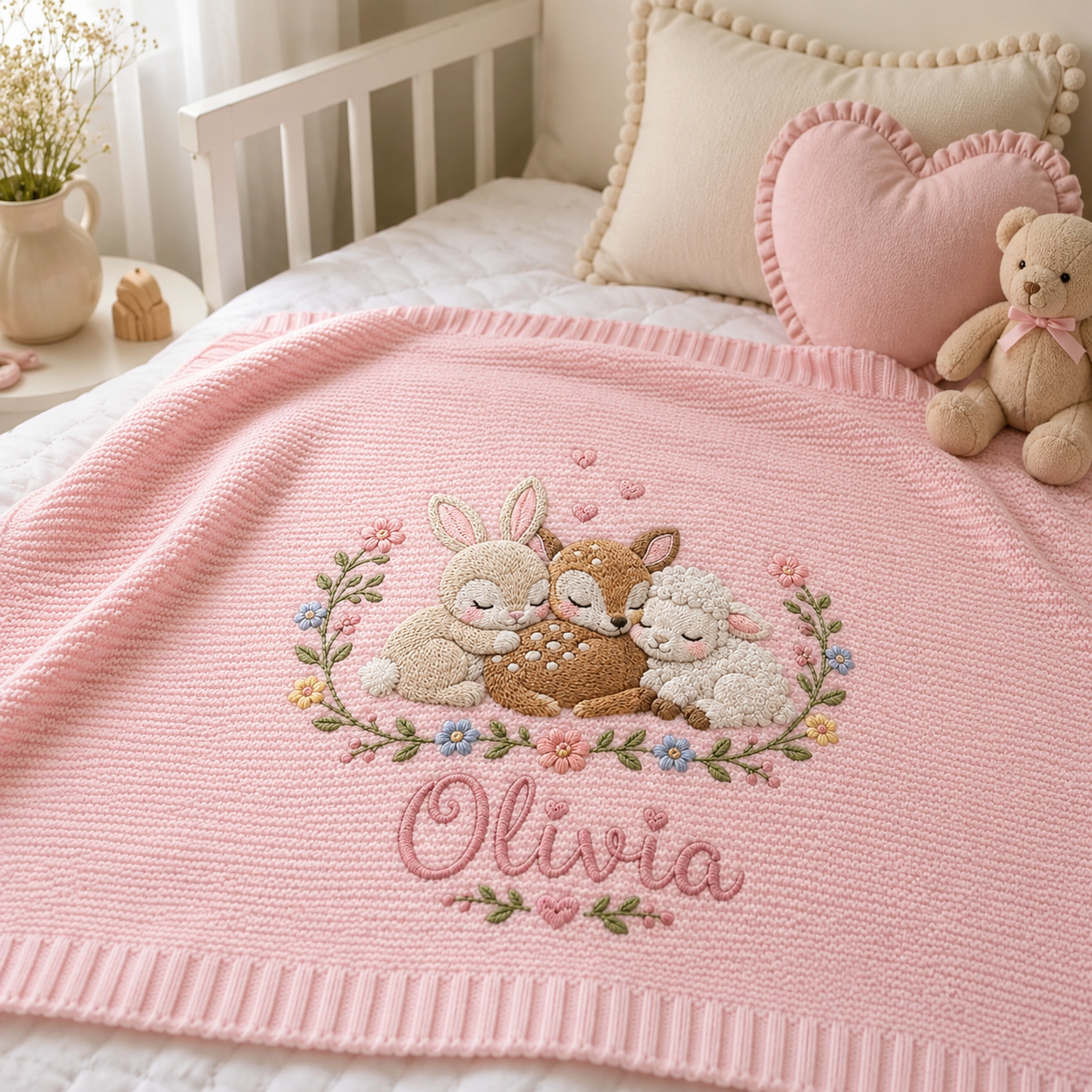 Personalized Baby Blanket With Name, Pink Knit Embroidered Woodland Animals Nursery Gift for Newborn Girl, Custom Olivia Baby Shower Keepsake