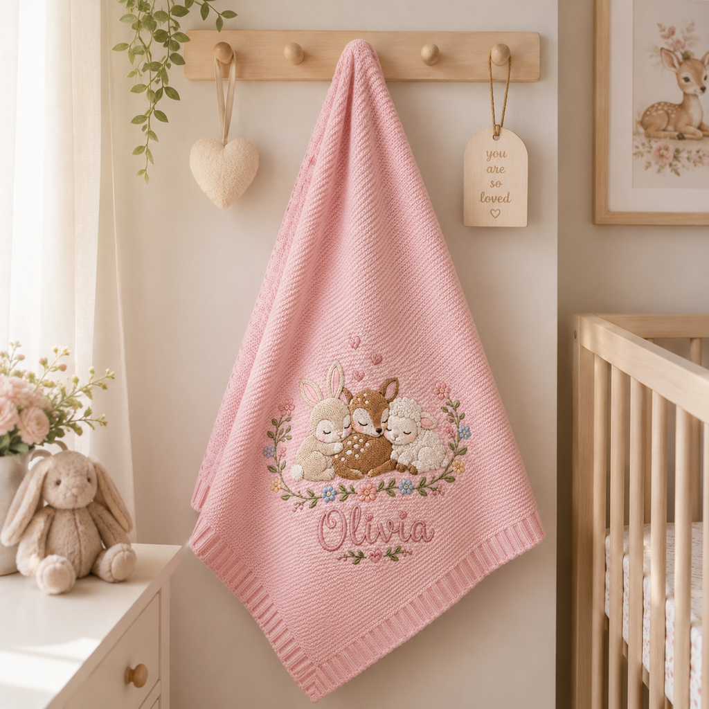 Personalized Baby Blanket With Name, Pink Knit Embroidered Woodland Animals Nursery Gift for Newborn Girl, Custom Olivia Baby Shower Keepsake