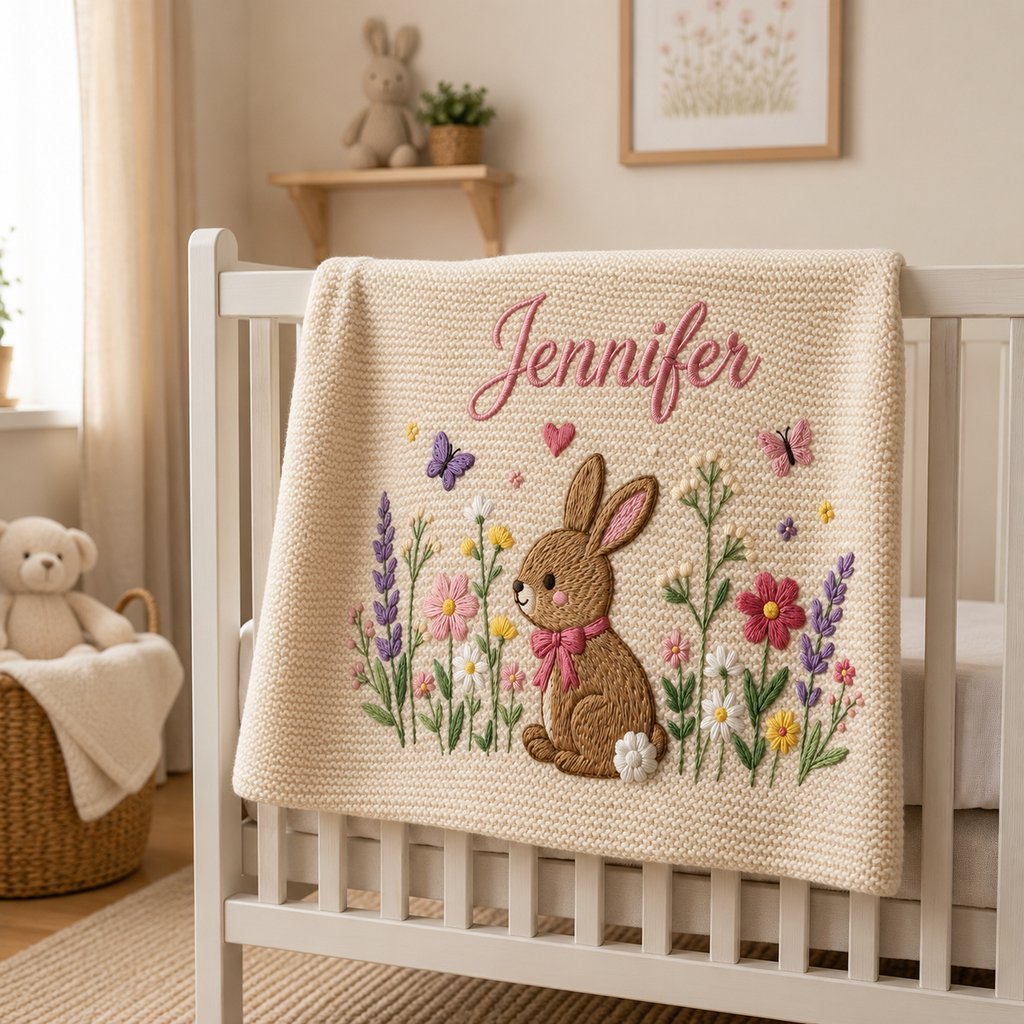 Personalized Embroidered Bunny Baby Blanket with Name - Custom Knit Lavender Meadow Newborn Gift, Gift for Baby Girl, Welcome Baby Blanket