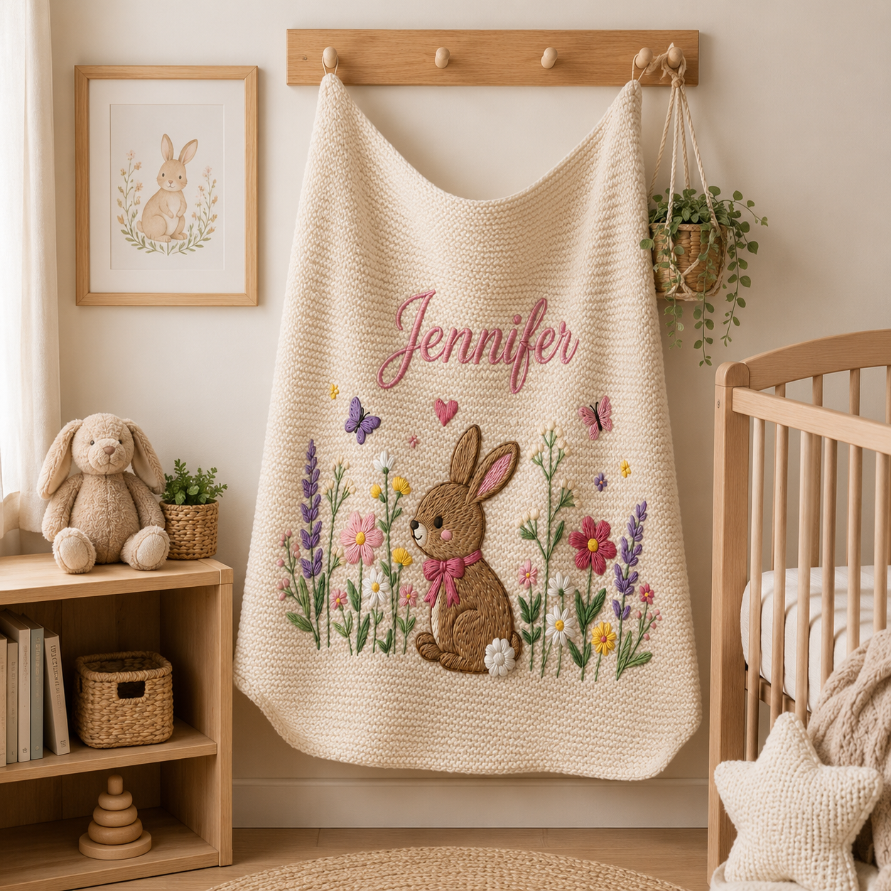 Personalized Embroidered Bunny Baby Blanket with Name - Custom Knit Lavender Meadow Newborn Gift, Gift for Baby Girl, Welcome Baby Blanket