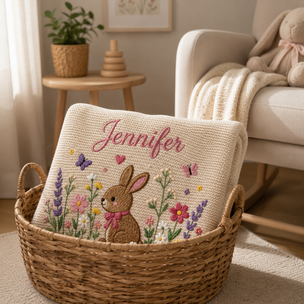 Personalized Embroidered Bunny Baby Blanket with Name - Custom Knit Lavender Meadow Newborn Gift, Gift for Baby Girl, Welcome Baby Blanket