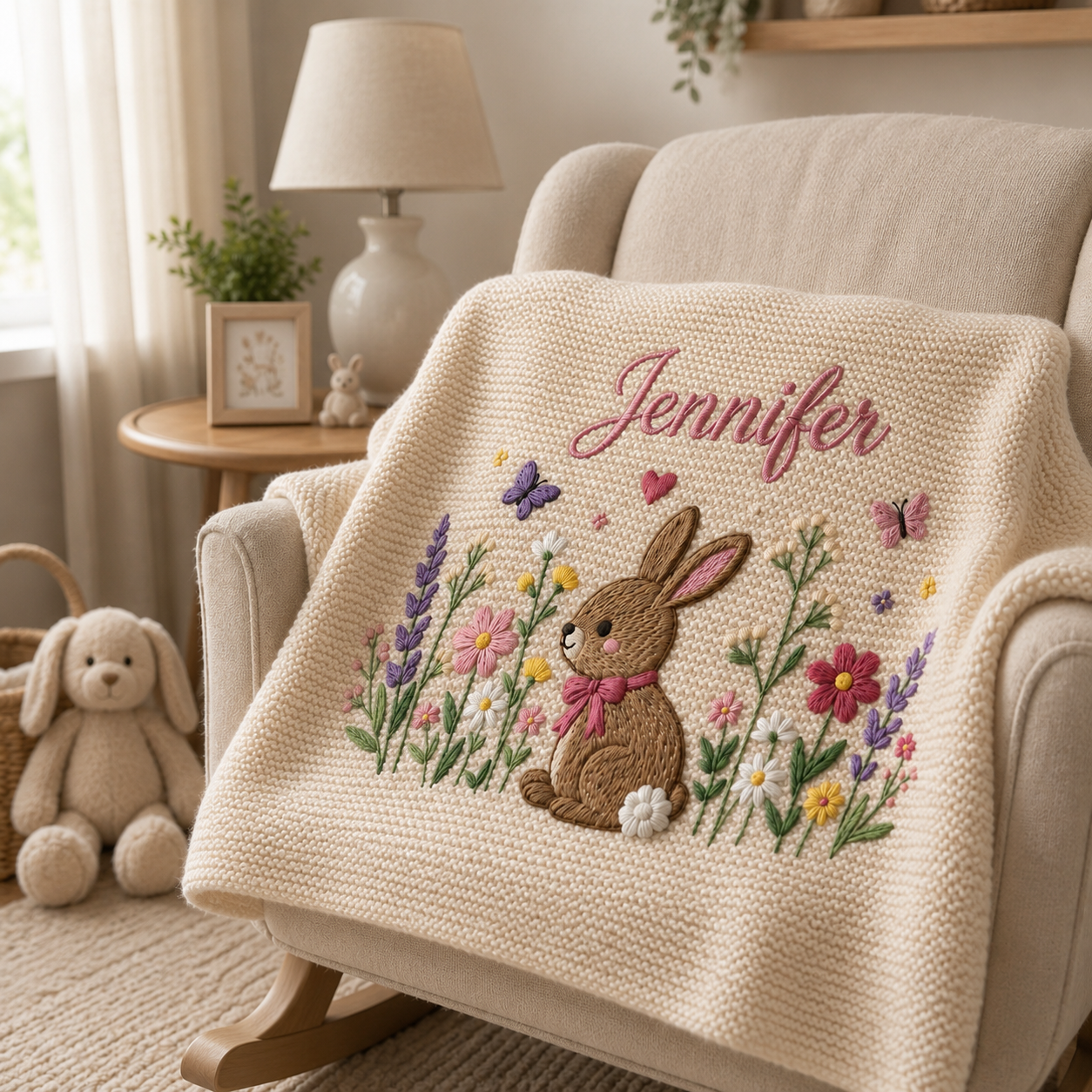 Personalized Embroidered Bunny Baby Blanket with Name - Custom Knit Lavender Meadow Newborn Gift, Gift for Baby Girl, Welcome Baby Blanket