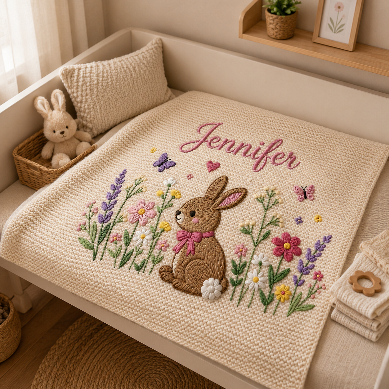 Personalized Embroidered Bunny Baby Blanket with Name - Custom Knit Lavender Meadow Newborn Gift, Gift for Baby Girl, Welcome Baby Blanket