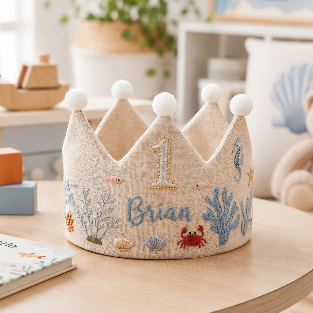 Personalized 1st Birthday Crown Hat, Sea Life Embroidered Linen Crown, Ocean Theme Baby Hat, Baby First Birthday Gift, Toddler Headpiece