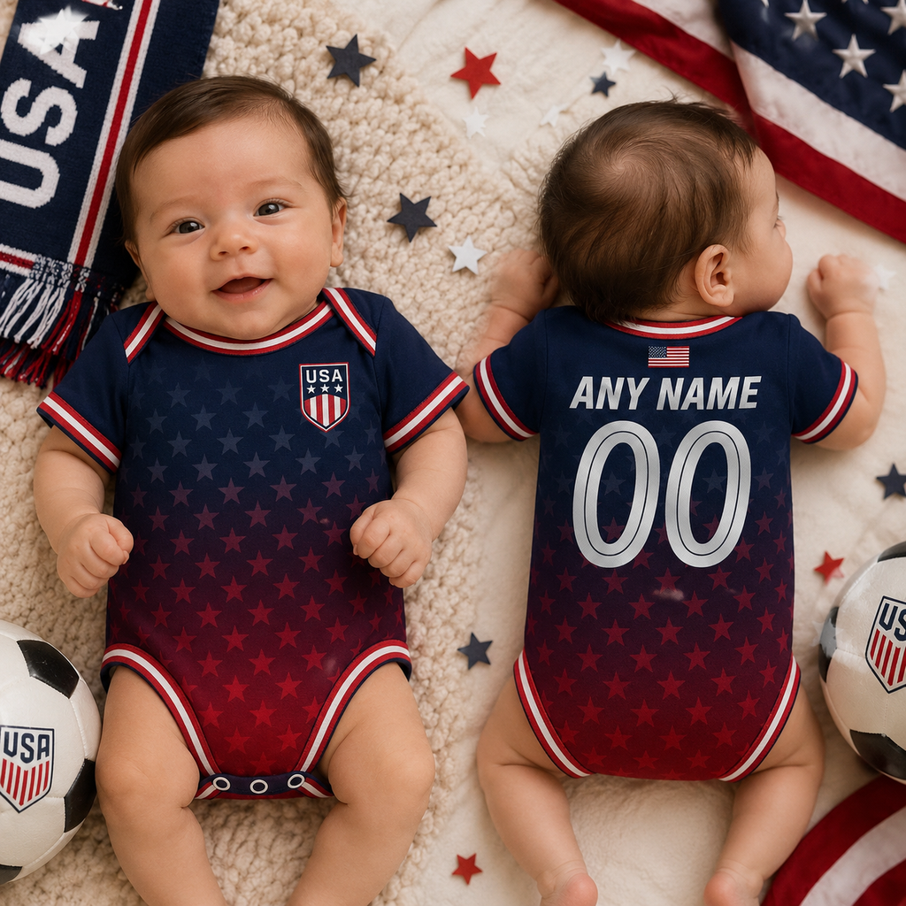 Personalized USA Soccer Baby Bodysuit, Custom Name Number Onesie, USA Football Fan Outfit, Patriotic Baby Gift