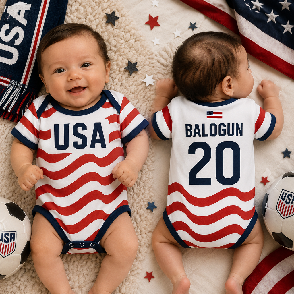 Personalized USA Soccer Baby Bodysuit, Custom Name Number Onesie, USA Football Fan Outfit, Patriotic Baby Shower Gift
