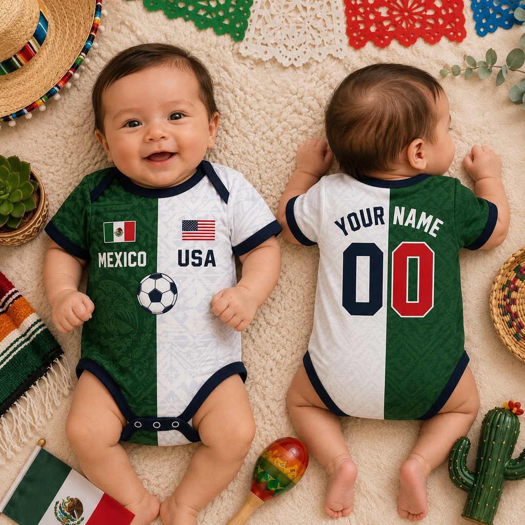 Custom Half Mexico Half USA Baby Bodysuit, Personalized Mexico USA Soccer Baby Outfit, Mexican American Infant Romper with Name Number