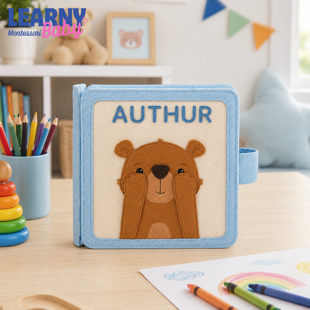 Personalized Bear Busy Book, Montessori Quiet Book for Toddlers, Sensory Learning Toy, Travel Activity Book QBLB63