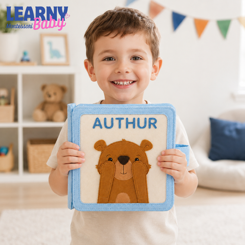 Personalized Bear Busy Book, Montessori Quiet Book for Toddlers, Sensory Learning Toy, Travel Activity Book QBLB63
