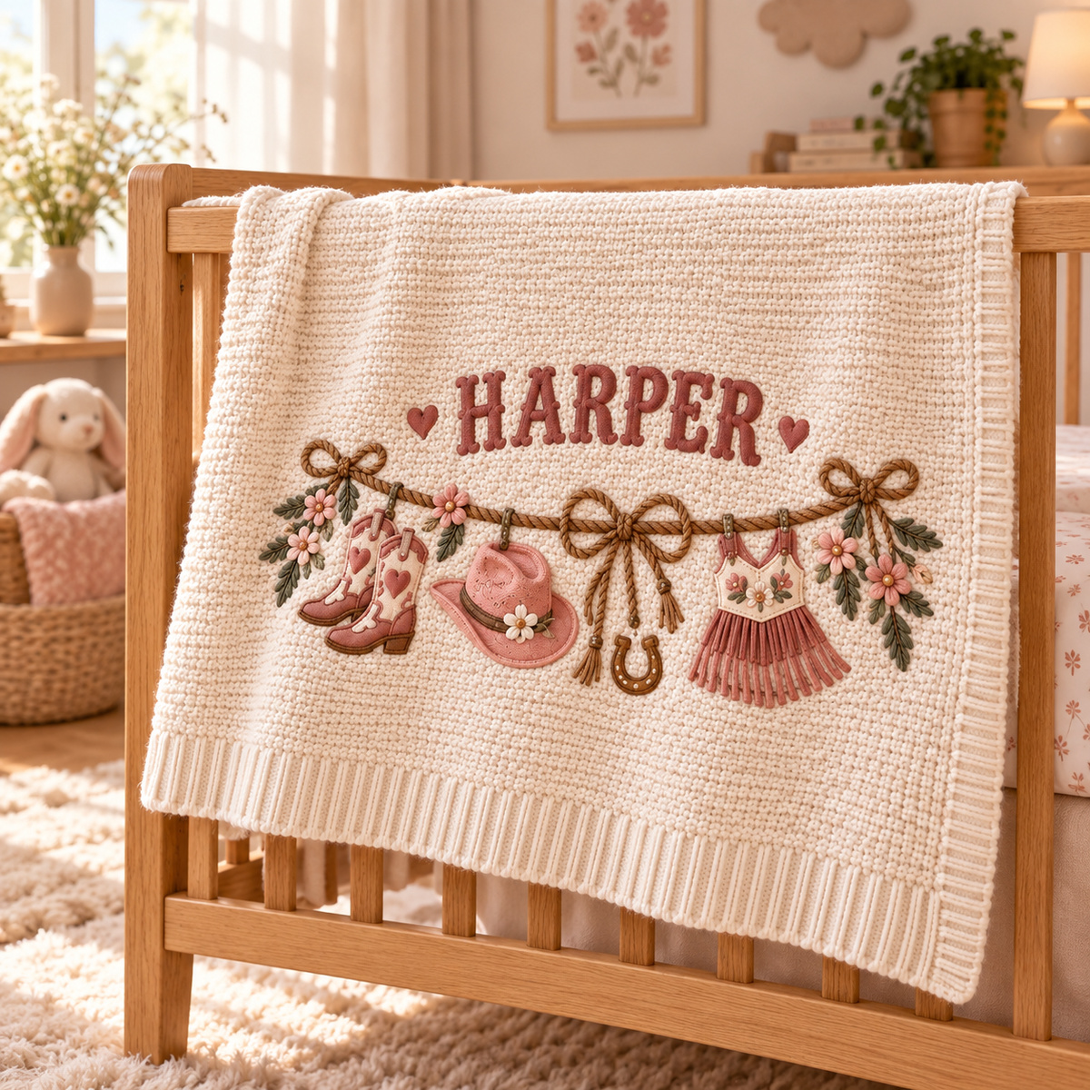 Personalized Western Baby Blanket, Baby Girl Gift, Custom Name Cowgirl Blanket, Pink Cowboy Nursery Decor, Baby Shower Gift
