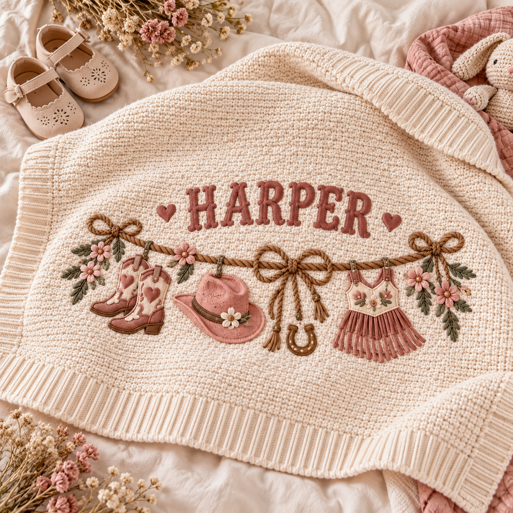 Personalized Western Baby Blanket, Baby Girl Gift, Custom Name Cowgirl Blanket, Pink Cowboy Nursery Decor, Baby Shower Gift