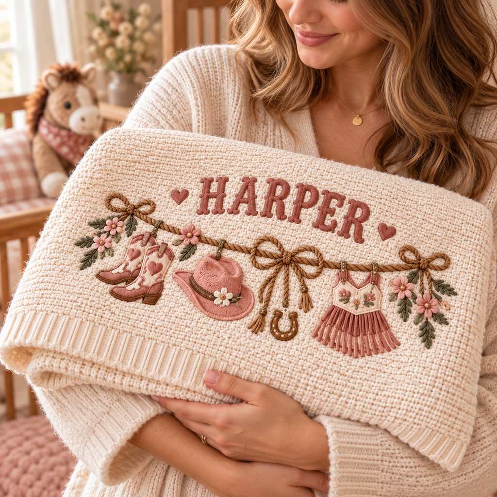 Personalized Western Baby Blanket, Baby Girl Gift, Custom Name Cowgirl Blanket, Pink Cowboy Nursery Decor, Baby Shower Gift