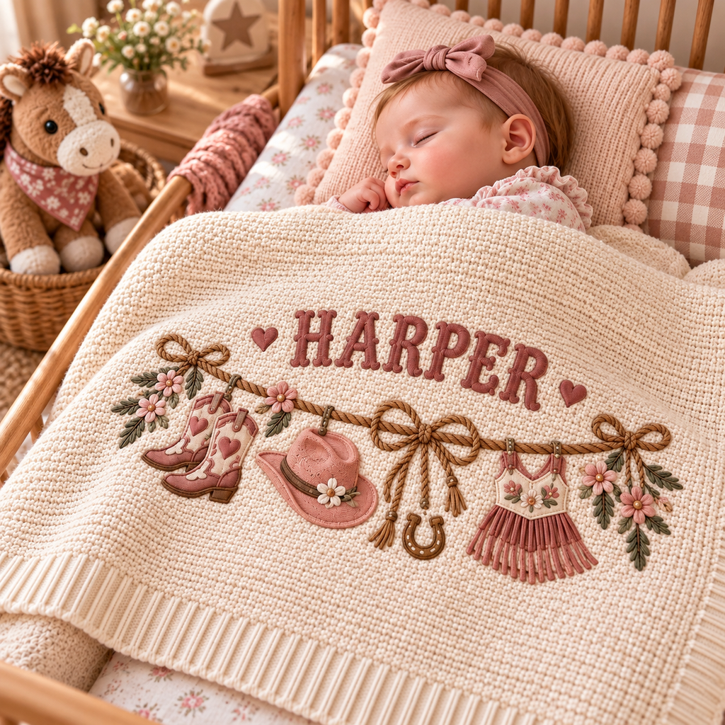 Personalized Western Baby Blanket, Baby Girl Gift, Custom Name Cowgirl Blanket, Pink Cowboy Nursery Decor, Baby Shower Gift