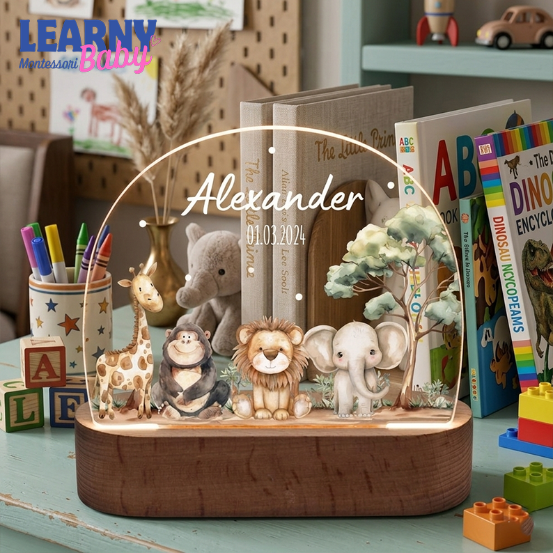 Personalized Jungle Animals LED Night Light, Kids Bedside Lamp, Baby Birth Gift NL13