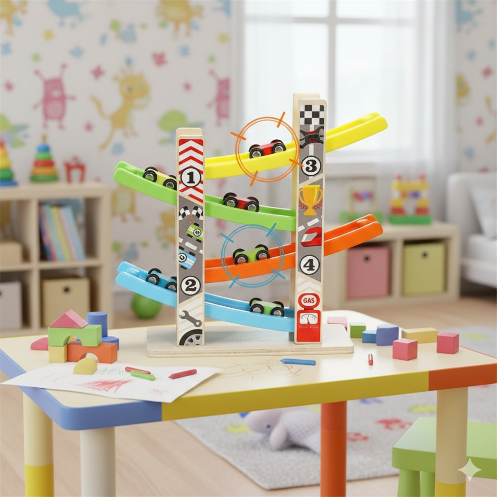Montessori Wooden Ramp Racing Car Toy – 4–7 Track Inertia Slide Race Set for Toddlers