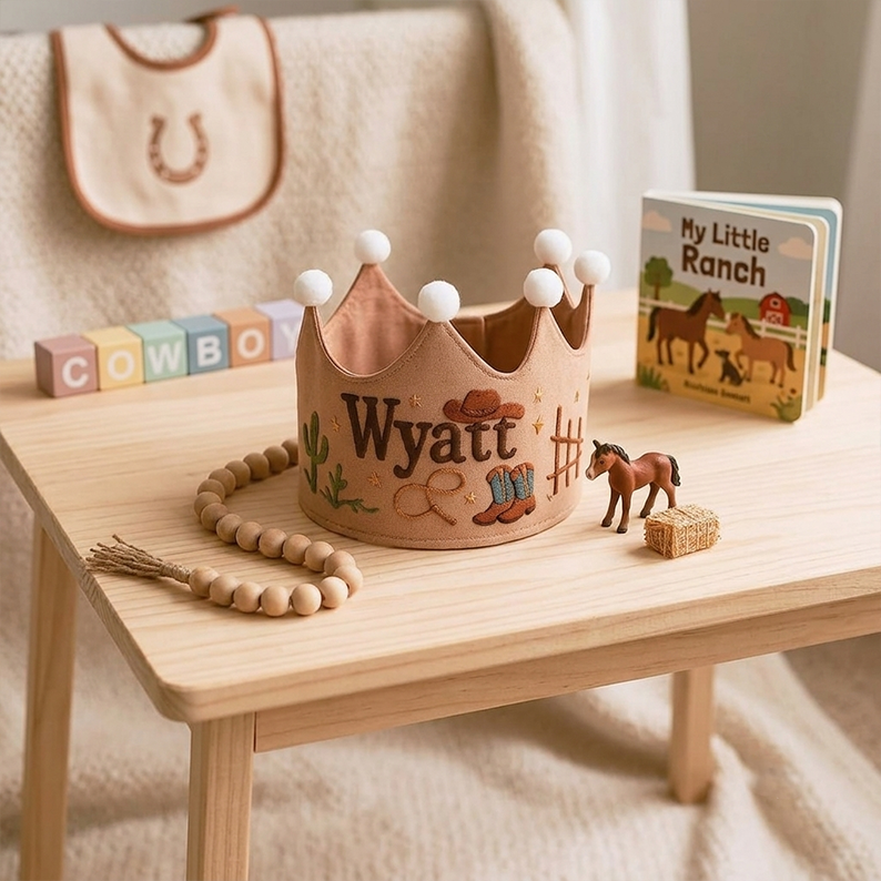 Cowboy Theme Personalized Crown, Embroidered Fabric Birthday Crown for Baby & Toddler, little cowboy gift, first birthday crown,