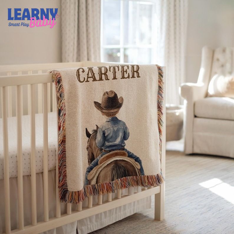 Personalized Cowboy Baby Blanket, Custom Western Nursery Throw with Name, Rustic Horseback Crib Quilt Country Baby Boy or Girl Keepsake Gift