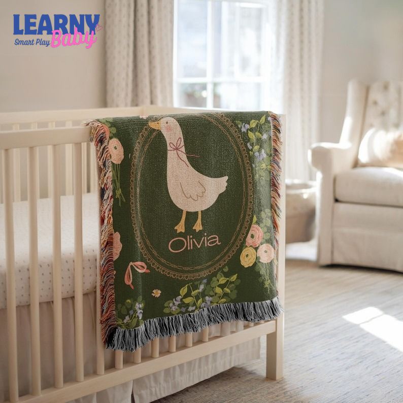 Personalized Floral Goose Baby Blanket, Baby Goose Woven Blanket, Goose Nursery Decor Custom Baby Blanket Floral Baby Shower Goose Baby Gift