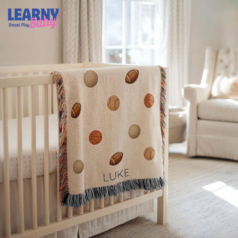 Personalized Sports Baby Blanket, Custom Name Baseball Basketball Football Golf Throw, Sports Lover Nursery Decor, Baby Shower Gift