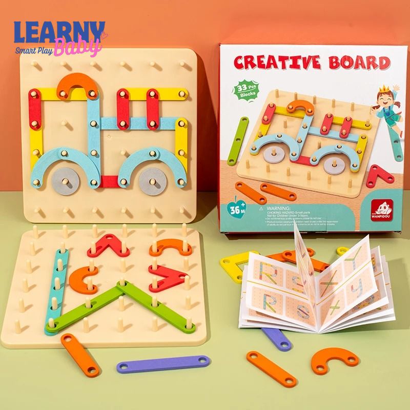 Children's Wooden Creative Pegboard Toy – Geometric Column Set, Nail Board Construction Puzzle, Montessori Sensory Development – Age 3-6