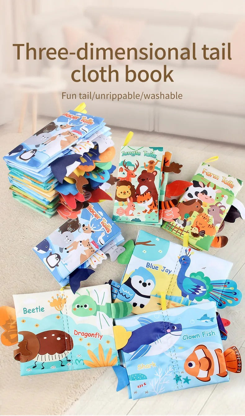 Baby Cloth Book with Cartoon Animal Tails, Ringed Soft Sensory Book for Infants 0–12 Months, Montessori Early Learning Toy, Educational Crinkle Baby Book Gift LBBB03
