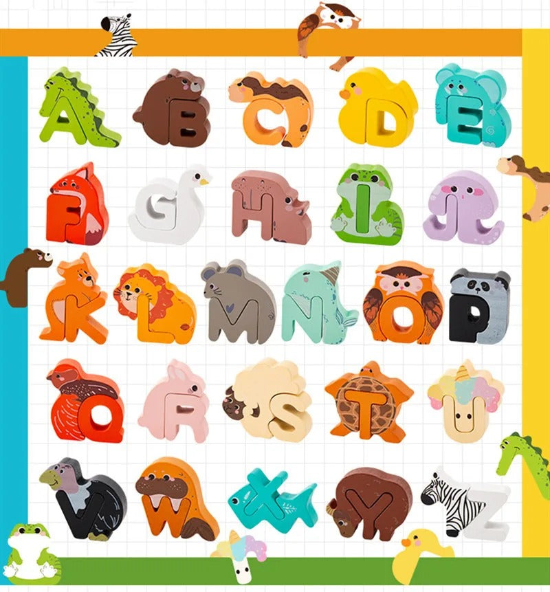 Wooden Animal Alphabet Puzzle for Toddlers 2–4, Montessori ABC Matching Game, Preschool Letter Learning Toy, Animal Letter Puzzle Educational Gift