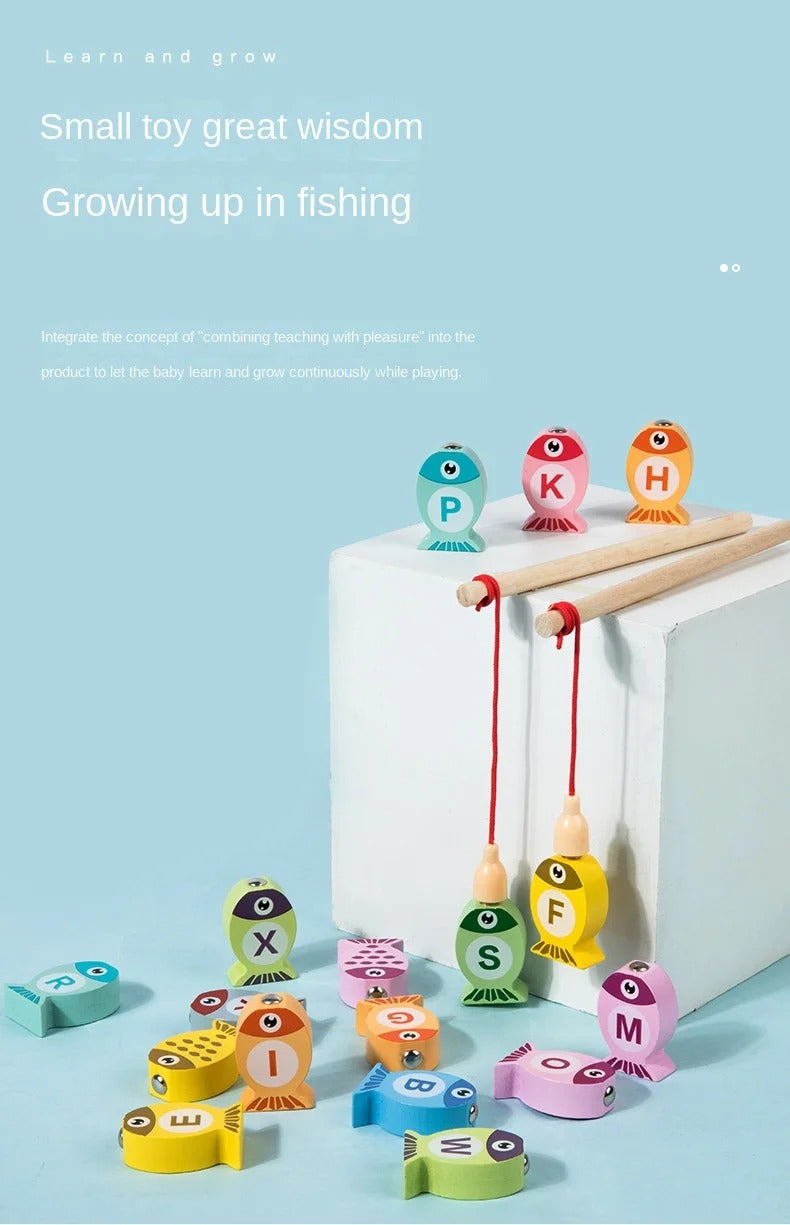 Kids Wooden Fishing Game Toy, Alphabet & Number Learning Puzzle, Fine Motor & Early Education, Ages 2–5