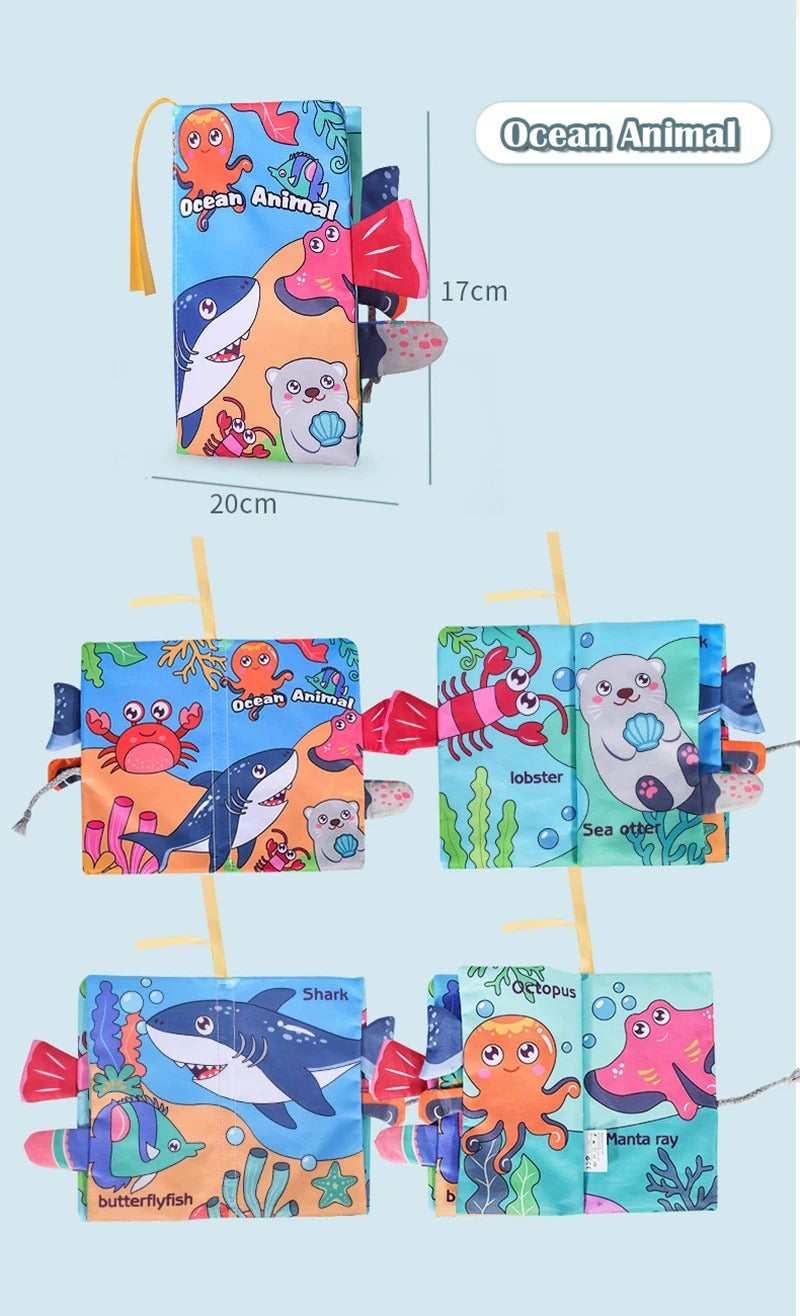 Waterproof Montessori Soft Baby Cloth Book with 3D Animals, Cognitive Sensory Fabric Book for Infants, Early Learning Educational Toy for Toddlers LBBB04