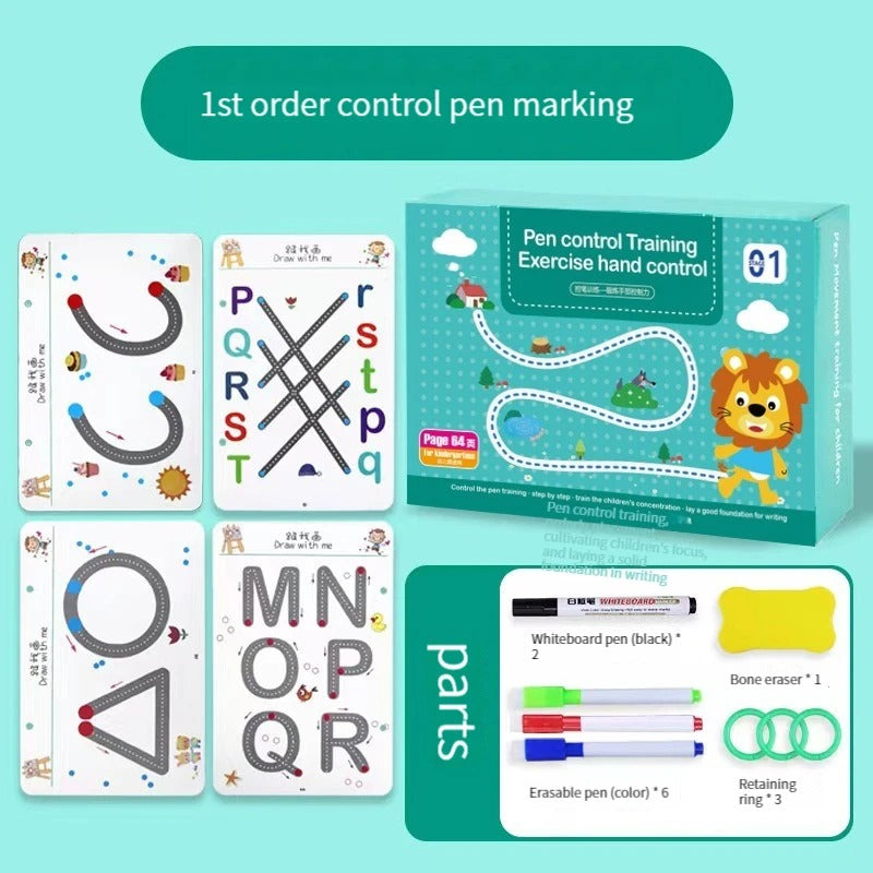 Montessori Stroke Line, Letter & Number Practice Copybook with Erasable Pens (Ages 3–6)