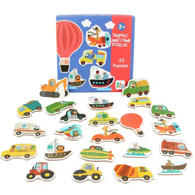 Kids Wooden Jigsaw Matching Puzzle, Early Cognitive Learning Toy with Animals, Fruits & Traffic, Ages 1.5–4