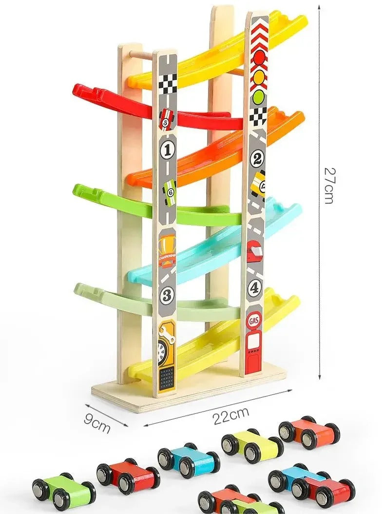 Montessori Wooden Ramp Racing Car Toy – 4–7 Track Inertia Slide Race Set for Toddlers