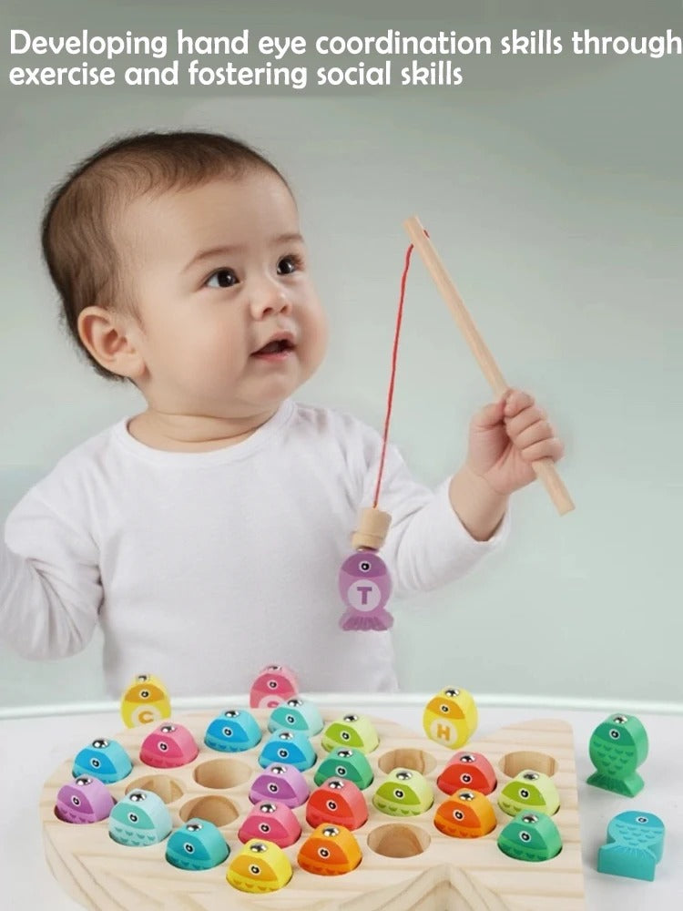 Kids Wooden Fishing Game Toy, Alphabet & Number Learning Puzzle, Fine Motor & Early Education, Ages 2–5