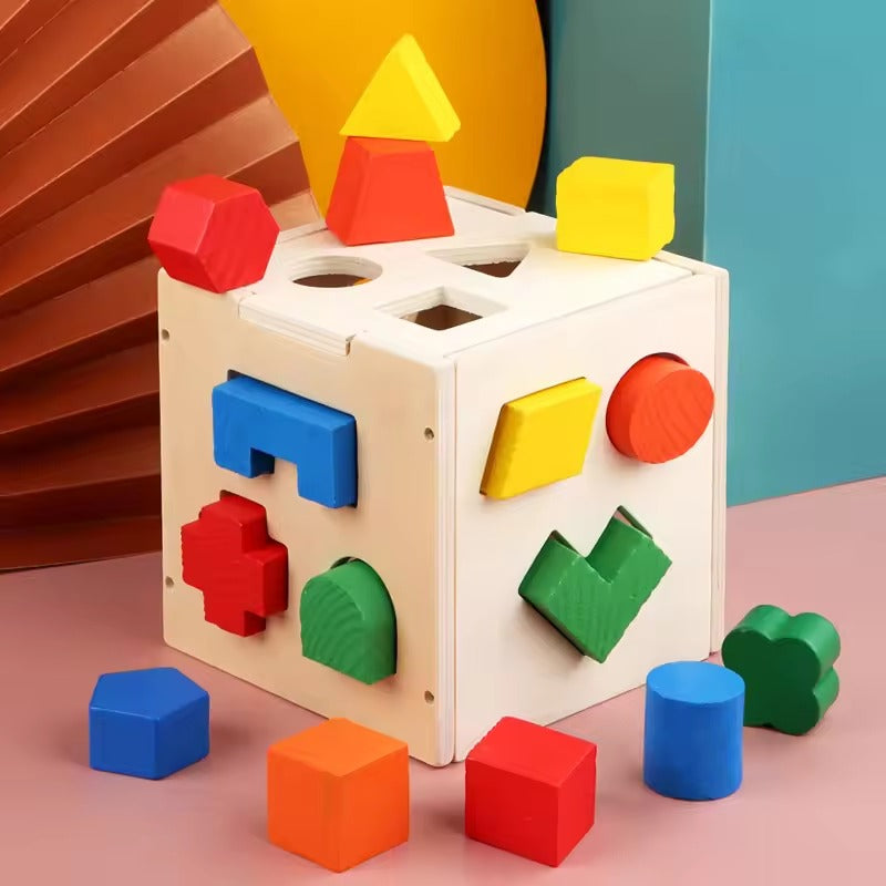 Montessori Wooden Shape Sorter Box Toy with 15 Holes, 3D Geometric Puzzle, Fine Motor & Spatial Skills, Ages 1.5–4