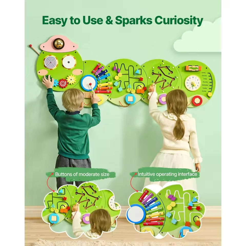 Wooden Busy Board for Kids, 12 Activities Montessori Sensory Learning Center, Educational Wall Toy for Children Ages 3-12