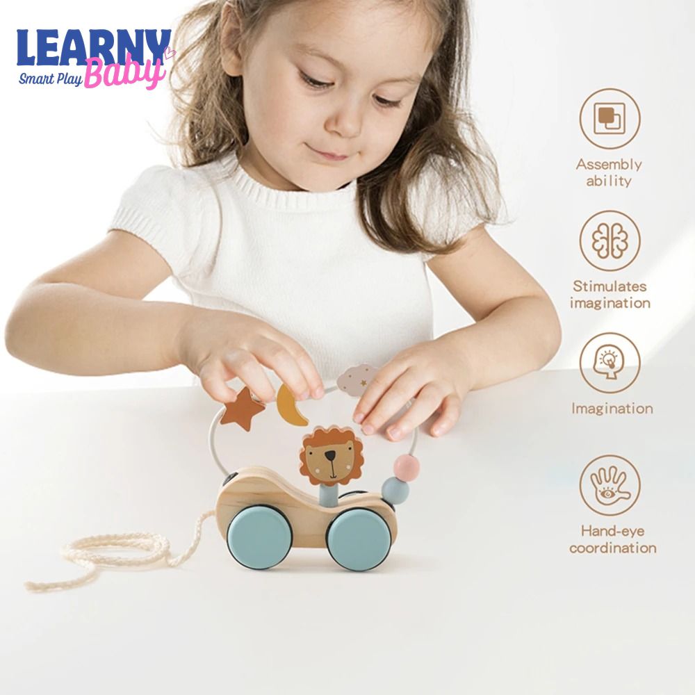 Montessori Wooden Pull-Along Trailer Toy with Colorful Building Blocks – Multi-Function Baby Learning Gift