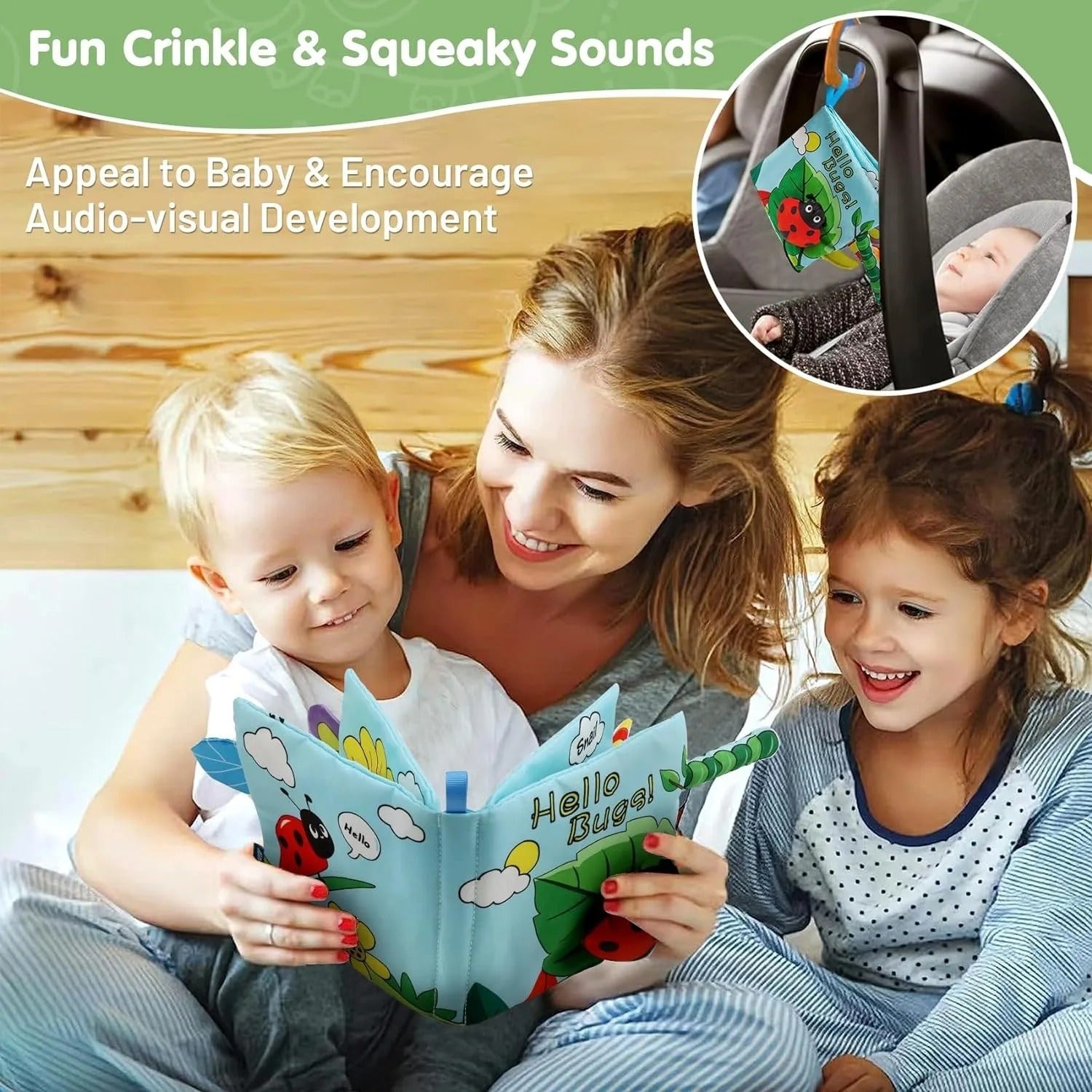 Soft Crinkle Baby Cloth Book with Marine Animal Tails, Montessori Sensory Tummy Time Toy, High Contrast Hanging Stroller Book for Infants 0–18 Months LBBB06