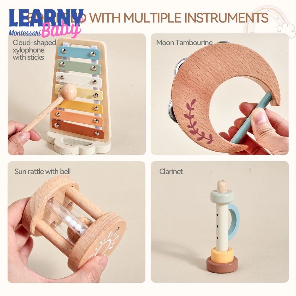 Montessori Wooden Musical Instrument Set for Babies, Drum and Xylophone Music Toy, Early Learning Sensory Toy for Toddlers