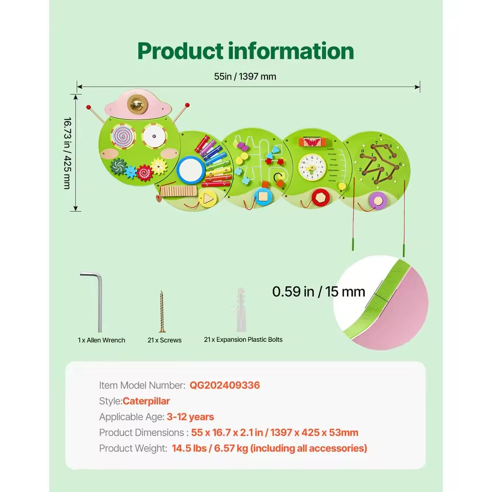 Wooden Busy Board for Kids, 12 Activities Montessori Sensory Learning Center, Educational Wall Toy for Children Ages 3-12