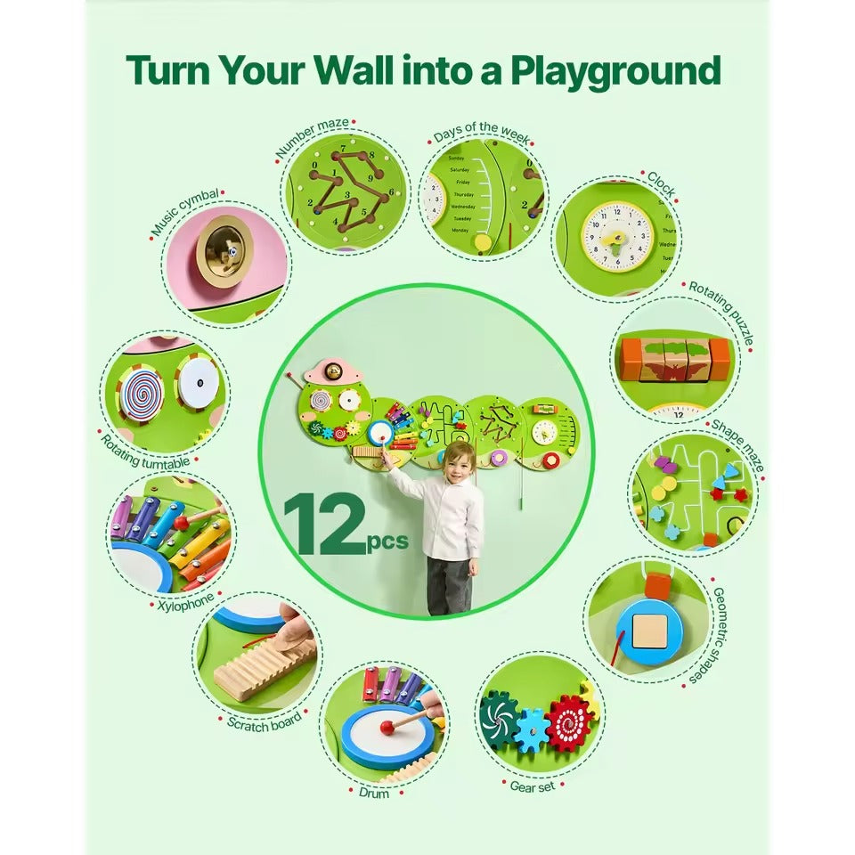 Wooden Busy Board for Kids, 12 Activities Montessori Sensory Learning Center, Educational Wall Toy for Children Ages 3-12
