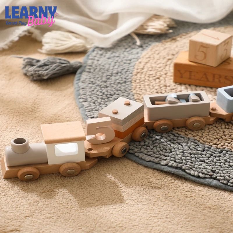 Montessori Wooden Train Toy for Toddlers – Educational Pull-Along Trolley with Number Blocks, Baby Learning Birthday Gift