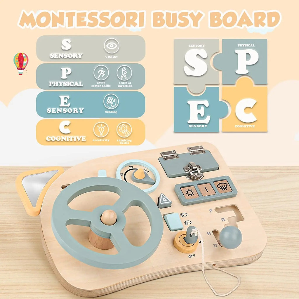 Montessori Wooden Steering Wheel Busy Board for Toddlers, Sensory Activity Board, Car Dashboard Toy, Fine Motor Skills Learning Toy